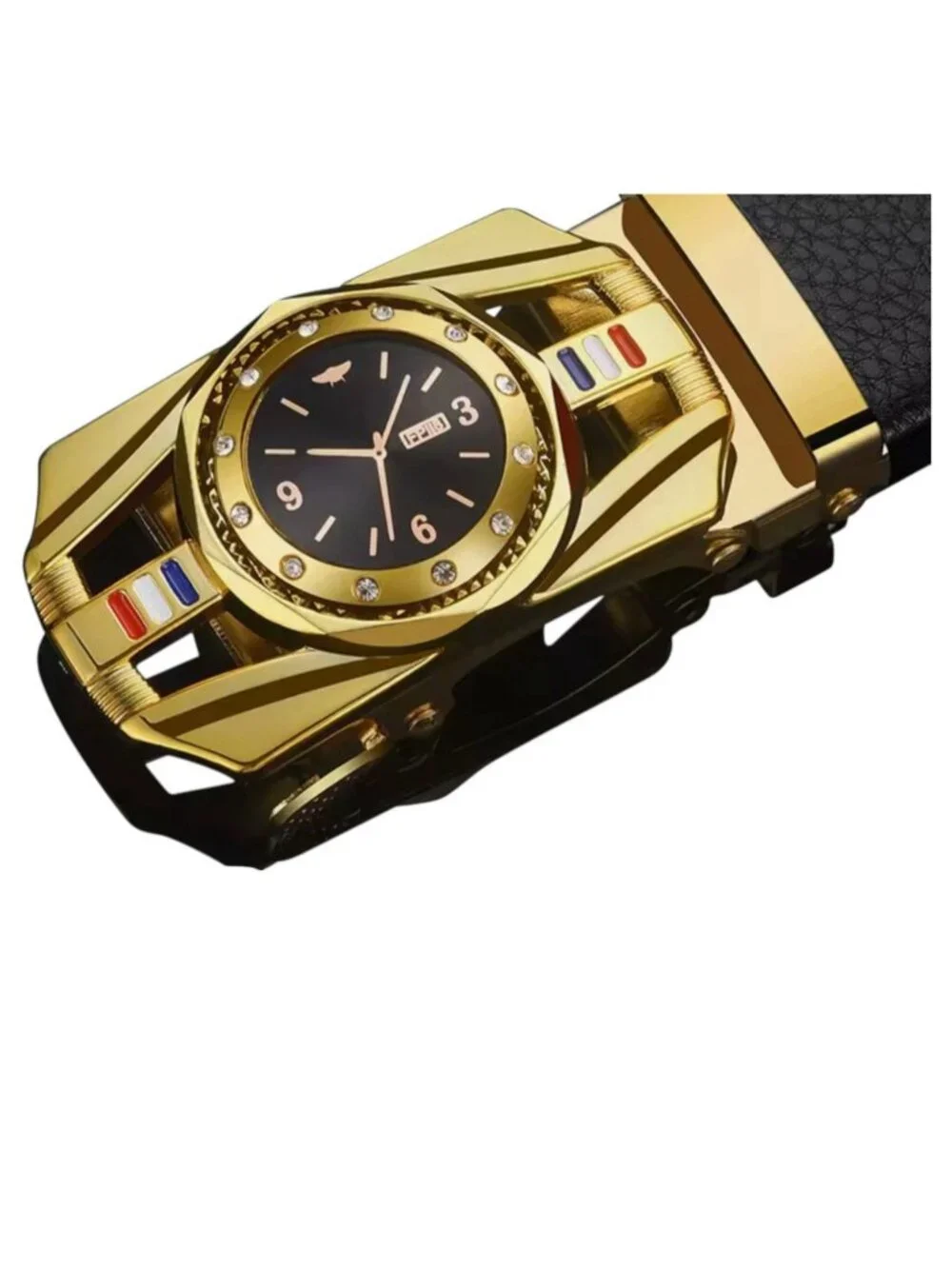 Elegant Fashion Men Belt Iron Gold Buckle PU Leather Black Length 50 in